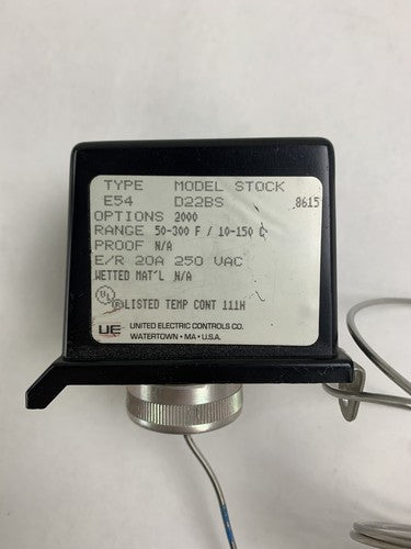 United Electric Temperature Switch, Type E54, Model D22BS, 50-300 Deg F