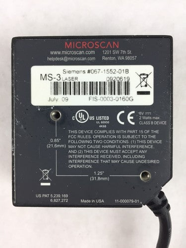 Microscan Siemens MS-3 Laser Barcode Scanner Reader 067-1552-01B