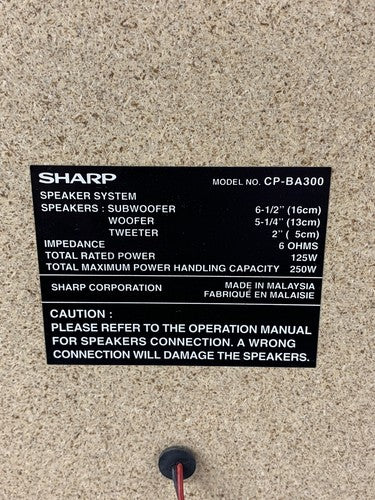 Sharp CP-BA300 Speaker with Integrated Subwoofer Tweeter 250w 6 Ohm Tested
