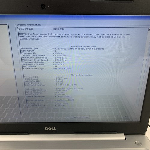Dell Inspiron P75F Laptop 15.6" i7-8550U 1.8 GHz 12 GB Ram No OS No HDD No AC