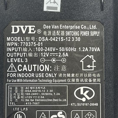 30W DVE Adapter 12V 2.5A Model DSA-0421S-12 3 30 WPN 770375-01L Lot of 10