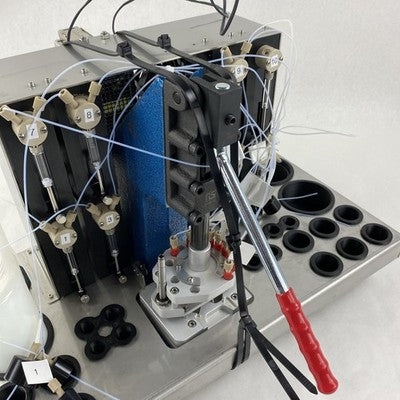 RS PRO 254850 Manual Toggle Press w/ 9 Tricontinent C3000 10010 Syringe Pumps