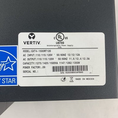 Vertiv GXT4-1500RT120 Liebert GXT4 1500VA Tested No Faceplate No Battery