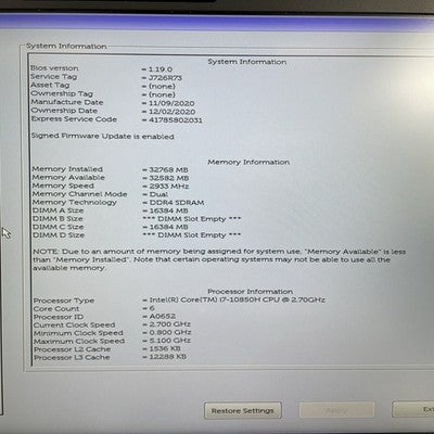 Dell Precision 7750 17.3" i7-10850H 2.70 GHz 32 GB RAM RTX3000 No SSD No OS READ