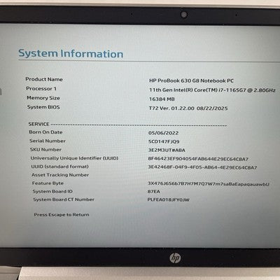 HP ProBook 630 G8 13.3" i7-1165G7 2.80 GHz 16 GB RAM No SSD/AC/OS - READ