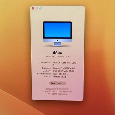 Apple A2116 iMac Retina 4k 21.5" 2019 3GHz i5-8500 8GB RAM 250GB HDD os13.7.8