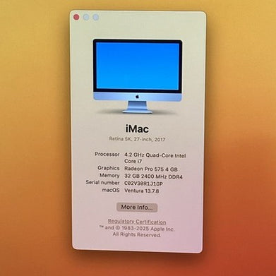 Apple iMac A1419 2017 Retina 5K 27" 4.2GHz Core i7 32GB RAM 500GB SSD os13.7.8