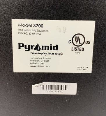 Pyramid 3700HD Time Clock - No Ribbon Missing Key