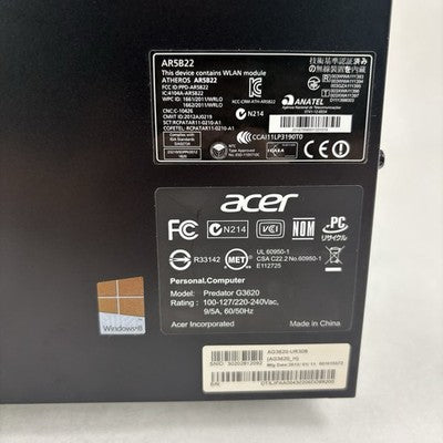 Acer Predator G3620 Desktop i7-3770 3.4 GHz 12 GB Ram No OS No HDD No TPM