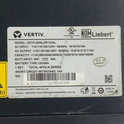 Vertiv GXT5-2000LVRT2UXL 2000VA 1800W UPS RDU101 Tested No Batteries w/ Ears