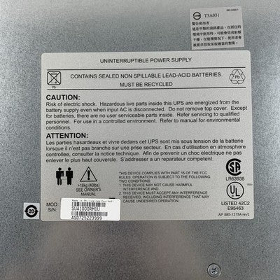 APC SUA1000RM1U Smart-UPS 640W 1000VA 120V Tested w/ Faceplate No Batteries