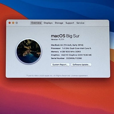 Apple MacBook Air A1466 2014 13" i5 4GB RAM 250GB SSD os11.7.11 -Service Battery