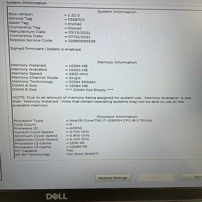 Dell Latitude 5511 15.6" i7-10850H 2.70 GHz 16 GB RAM No SSD No OS Missing Key
