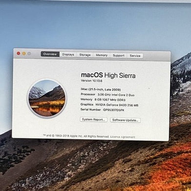 Apple A1311 iMac 21" 2009 3.06GHz Core 2 Duo 8 GB RAM 500GB HDD macOS 10.13.6