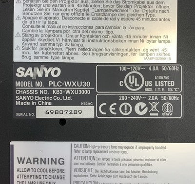 Sanyo PLC-WXU30 LCD Lamp Projector - Needs New Lamp No Remote
