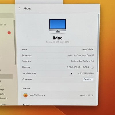 Apple A2116 iMac Retina 4k 21.5" 2019 3GHz i5-8500 8GB RAM 250GB HDD os13.7.8