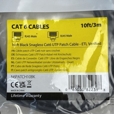 StarTech 10ft/3m Black Snagless Cat6 UTP Patch Cable (Lot of 9)