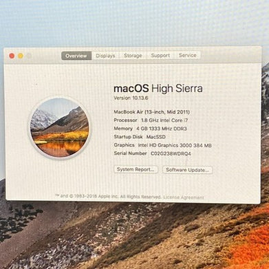 Apple MacBook Air A1369 2011 1.8GHz i7 4GB RAM 250GB SSD os10.13.6 Slabtop
