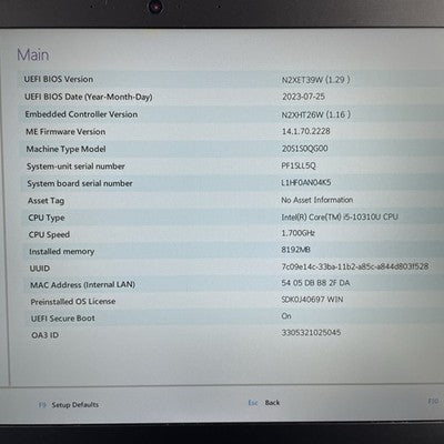 Lenovo ThinkPad T14 Gen1 14" i5-10310U 1.70GHz 8GB RAM No SSD/OS/AC - Bad Corner