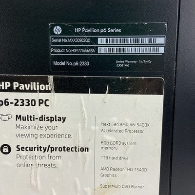 HP Pavilion P6-2330 MT AMD A6-5400K 3.6GHz 4GB RAM No HDD No OS
