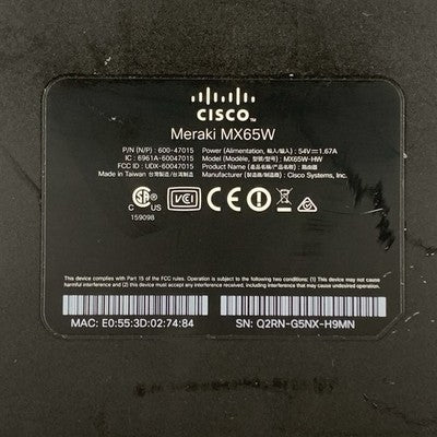 Cisco Meraki MX65W-HW Cloud Wireless Security Tested Reset w/ Power Adapter