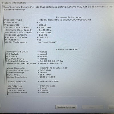 Dell Latitude 5580 15.6" i5-7300U 2.6 GHz 8 GB RAM No SSD/OS/AC - No Hinge Cover