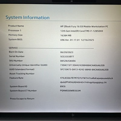 HP ZBook Fury 16 G9 16" i7-12850HX 4.158 GHz 16 GB RAM No SSD/OS/AC/Battery