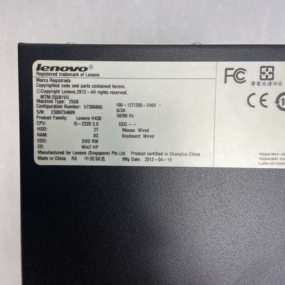 Lenovo H430 MT Intel Core i5-2320 3GHz 8GB RAM No HDD No OS