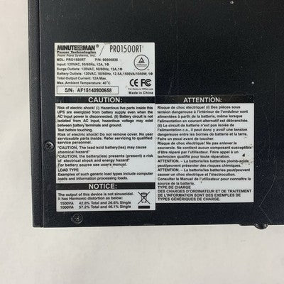 Minuteman PRO1500RT 1050W 1500VA Line Interactive Tested No Batteries