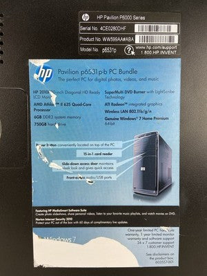 HP Pavilion P6531 MT AMD Athlon 2 x4 635 2.9GHz 4GB RAM No HDD No OS