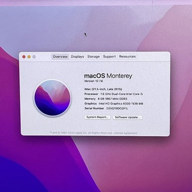Apple A1418 iMac 21.5" 2015 1.6 GHz Core i5 8 GB RAM 1TB HDD macOS 12.7.6