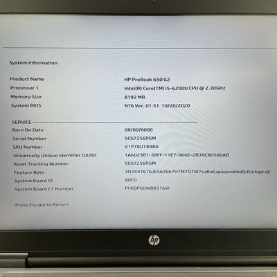 HP ProBook 650 G2 15.6" i5-6200U 2.30GHz 8GB RAM No SSD/OS/AC/Batt - No Wireless