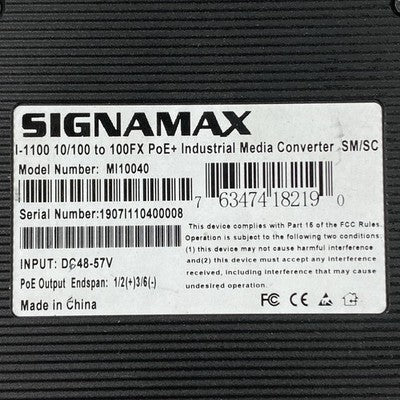 Signamax I-1100 10/100 to 100FX PoE+ Industrial Media Converter SM/SC