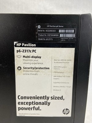 HP Pavilion P6-2317C MT AMD A6-5400K 3.6GHz 8GB RAM No HDD No OS