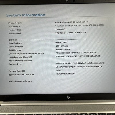 HP EliteBook 850 G8 15.6" i5-1145G7 2.6GHz 8GB RAM No SSD/OS/AC/Batt-Rubber Feet