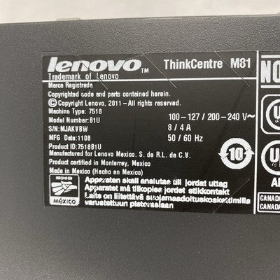 Lenovo ThinkCentre M81 SFF Intel Core i3-2100 3.1GHz 2x2GB RAM No HDD No OS