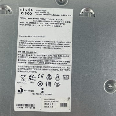 Cisco Catalyst WS-C2960X-48FPD-L V08 48-Port Gigabit Managed PoE+ - Tested