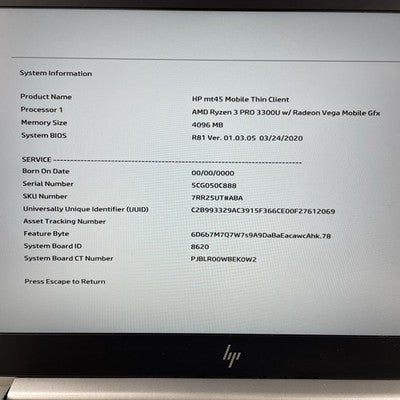 HP mt45 14" AMD Ryzen 3 Pro 3300U 2.10 GHz 4 GB RAM No SSD/OS/AC
