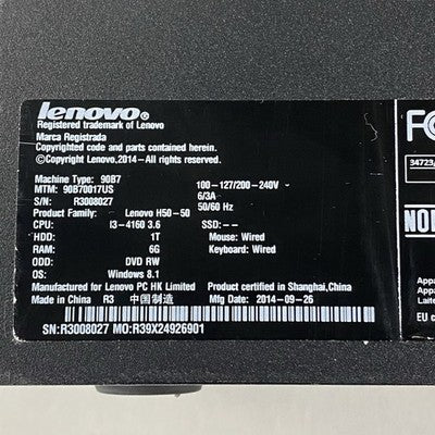 Lenovo H50-50 MT Intel Core i3-4160 3.6GHz 2x3GB RAM No HDD No OS