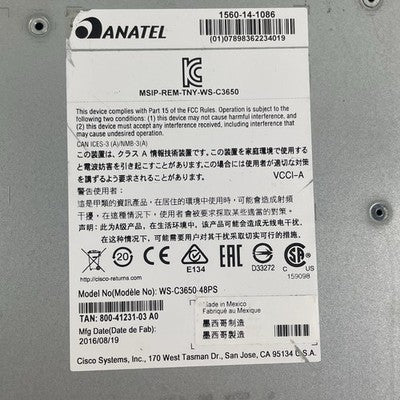Cisco WS-C3650-48PS-S V04 Tested & Reset 1X PSU