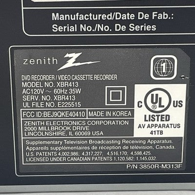 Zenith Model-XBR413 Recorder / Video Cassette Tested No Remote