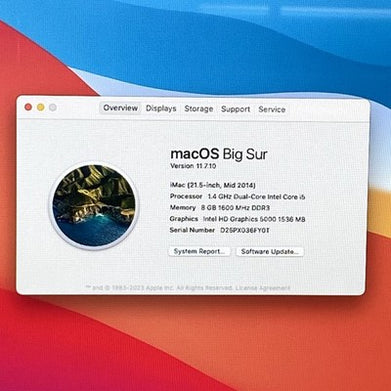 Apple A1418 iMac 21.5" 2014 1.40GHz i5 8GB RAM 500GB HDD macOS 11.7.1
