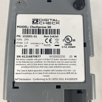 Digital Check CX30 152000-01 ChexPress 30 Dim Power Light No AC Adapter Tested