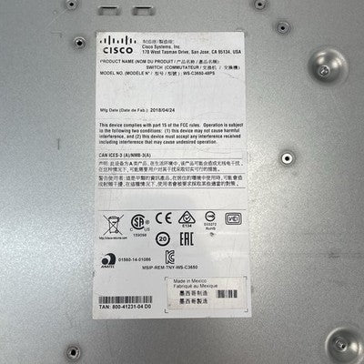 Cisco WS-C3650-48PS-S V05 48-Port PoE+ Switch 1x PSU No Rack Ears Tested Reset