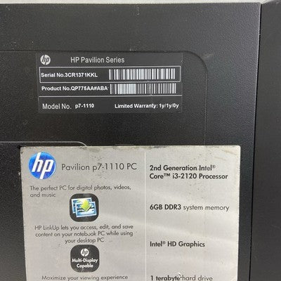 HP Pavilion P7-1110 MT Intel Core i3-2120 3.3GHz 4GB RAM No HDD No OS