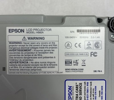 Epson H582A PowerLite 955W Projector 1678 Lamp Hours No Remote - Yellow Display