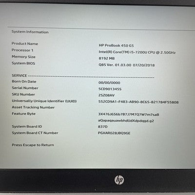 HP ProBook 450 G5 15.6" i5-7200U 2.50 GHz 8 GB RAM No SSD No OS No Bottom Cover