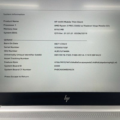 HP mt44 Client 14" AMD Ryzen 3 Pro 2300U 2.00 GHz 8 GB RAM No SSD/OS/AC/Batt