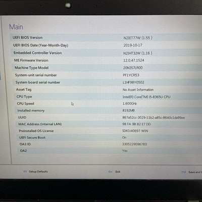 Lenovo ThinkPad T490 14" i5-8365U 1.60 GHz 8 GB RAM No SSD/OS/AC - Bad Hinge