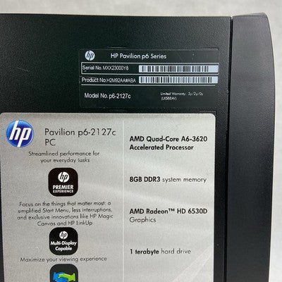 HP Pavilion P6-2127 MT AMD A6-3620 2.2GHz 8GB RAM No HDD No OS